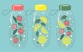 Vector hand drawn illustration - three bottles with water, strawberries, lemons and mint. Royalty Free Stock Photo